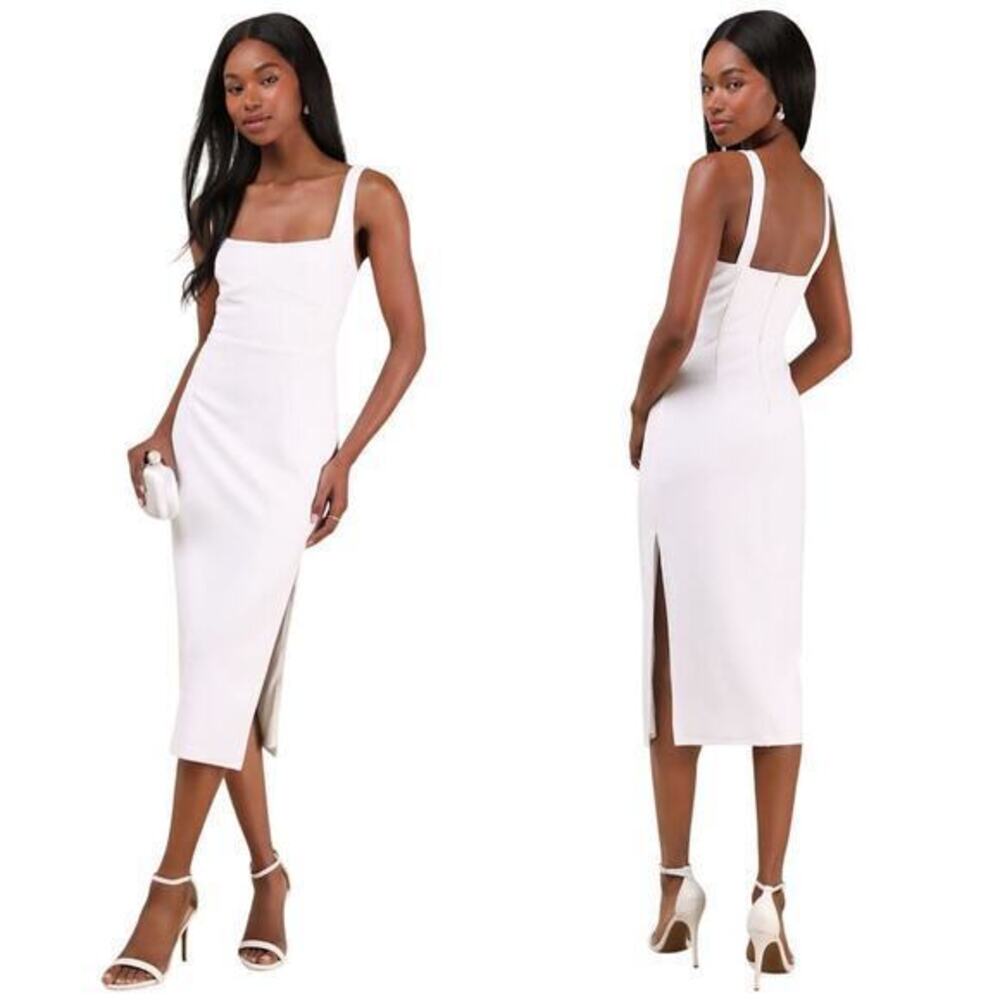 Lulus Vibrant Allure White Square Neck Sleeveless Bodycon Midi Dress size M NWT
